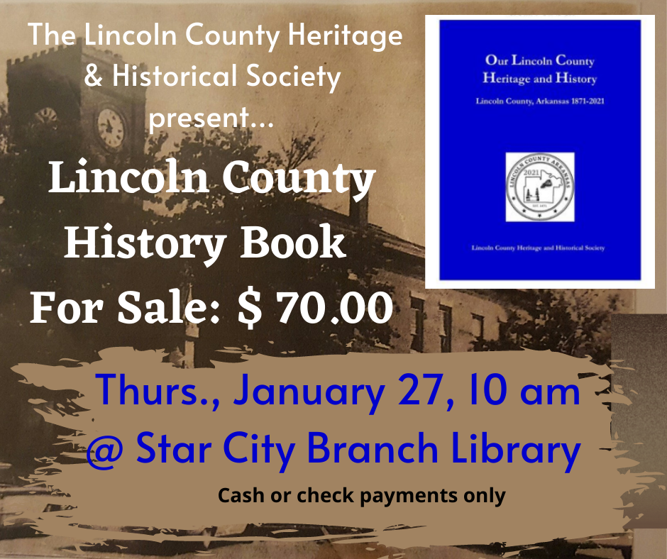 Time of event and Cover of the book with background showing the old Lincoln County Courthouse on the Square