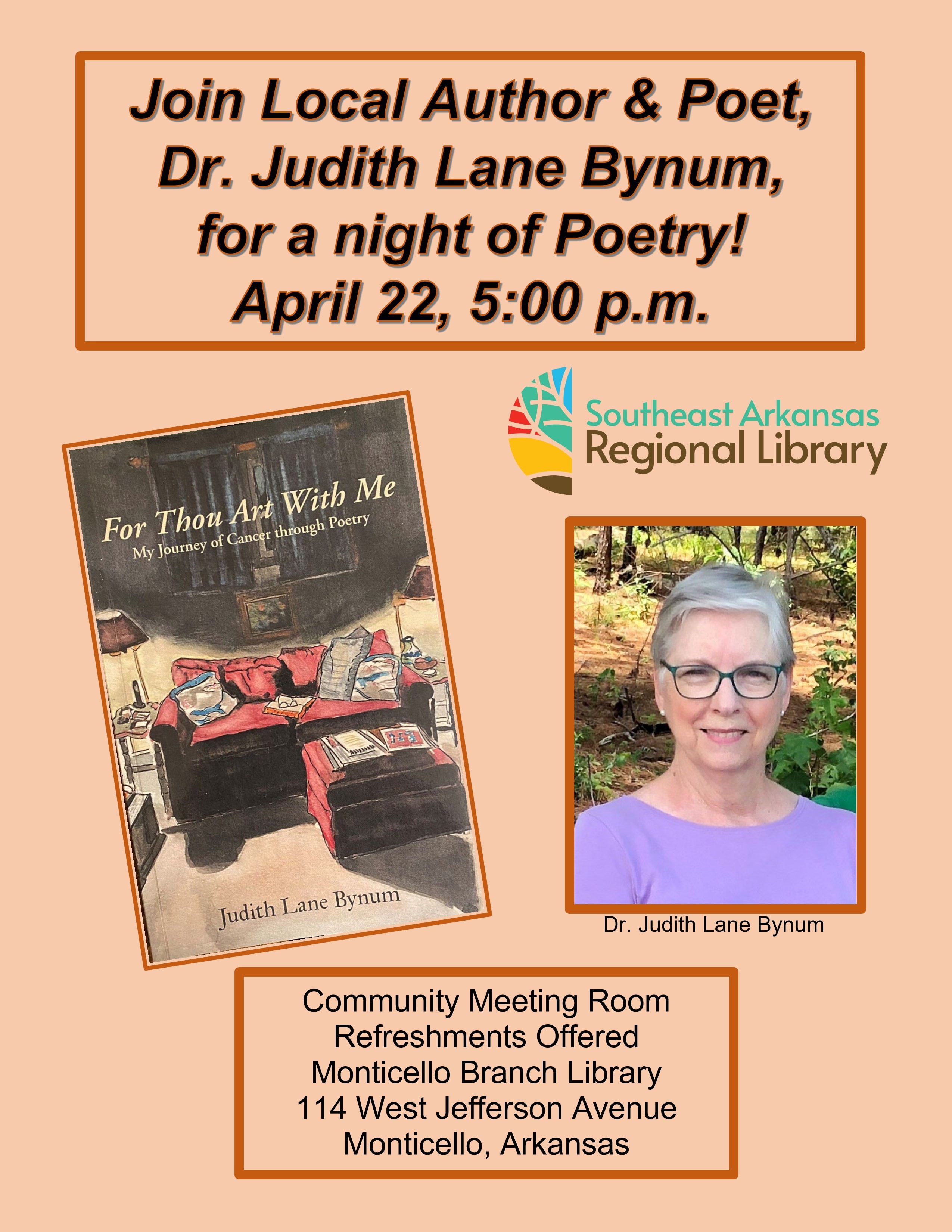 Judy Bynum meet and greet at Monticello Library April 22, 2022 at 5:00 pm Light refreshments will be available.