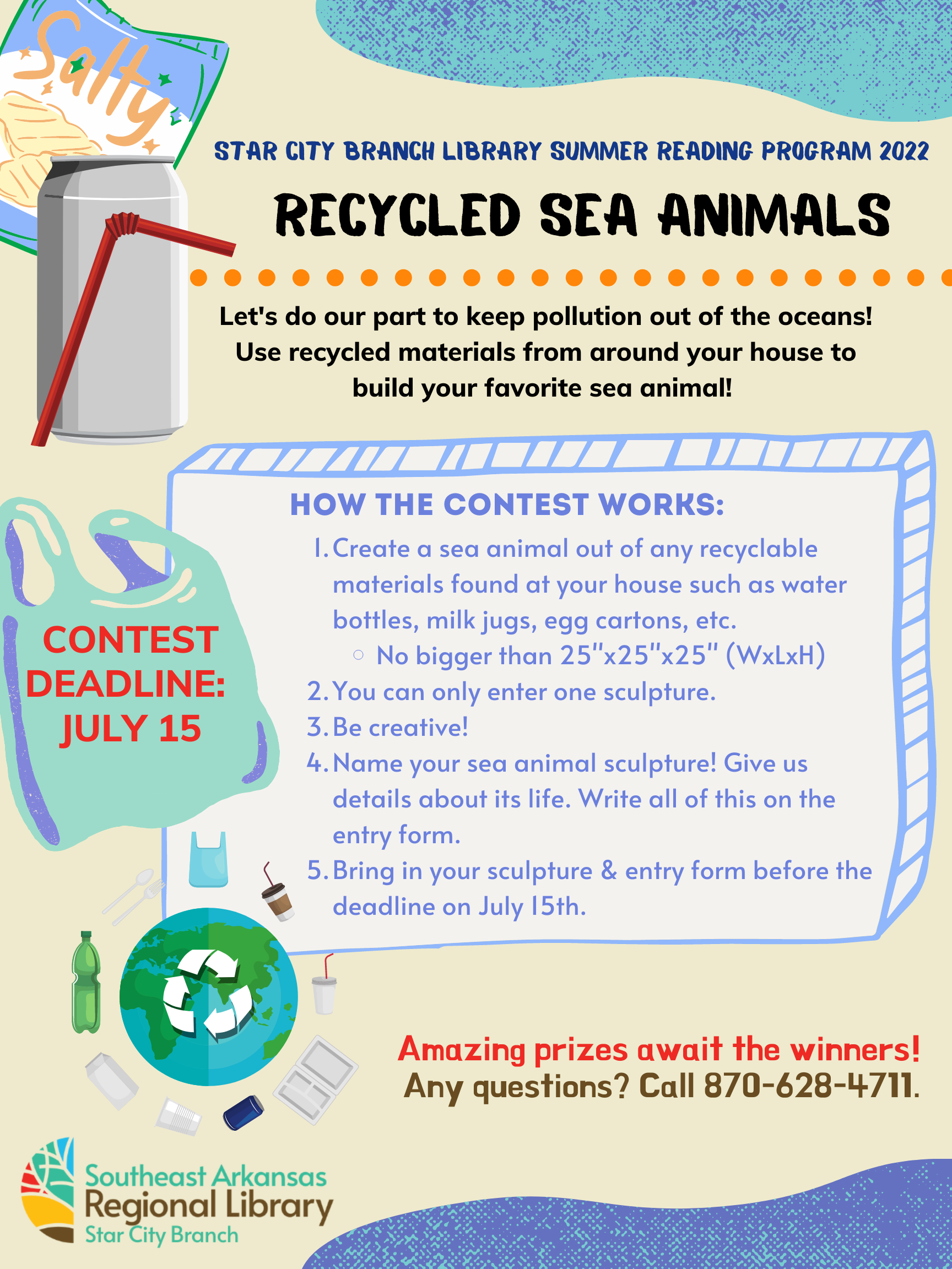 Sculpture contest info with recycled materials at home.