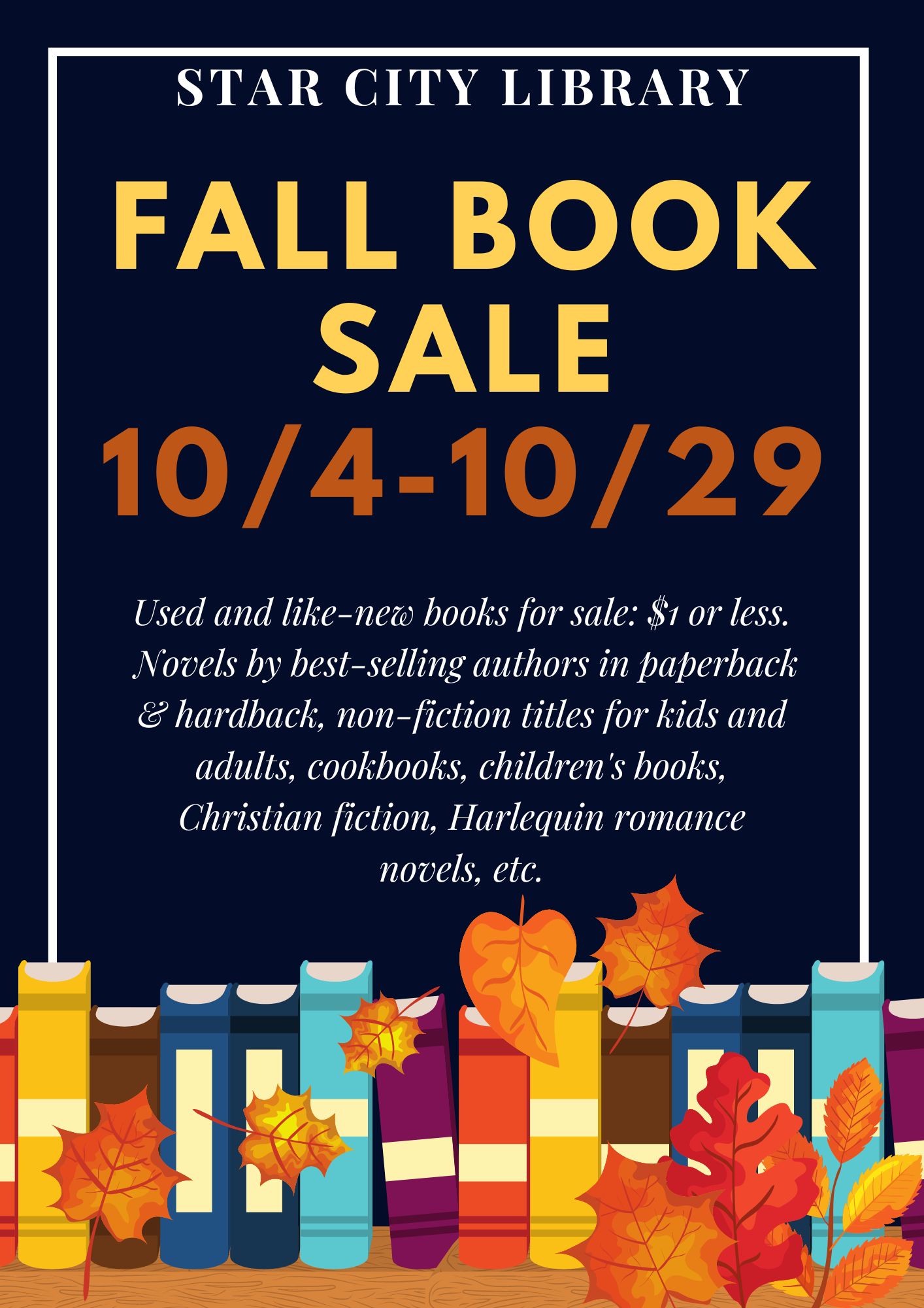 Fall Book Sale Poster with dates and info what is for sale