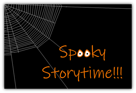 Spider net with orange letters spooky storytime and eyes