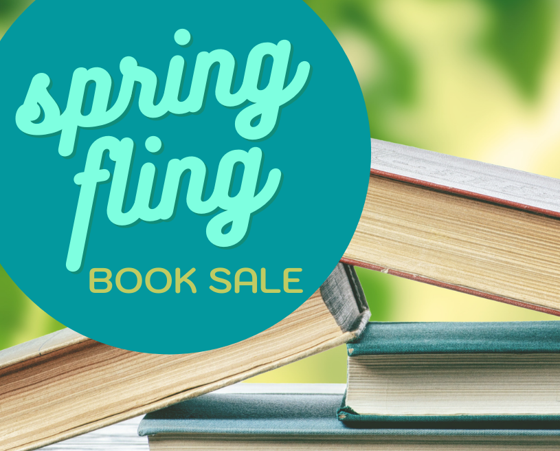 Layers of books with Spring Book Sale Advertisement