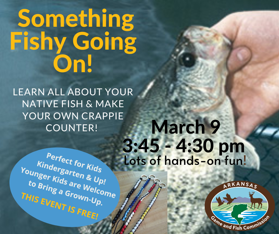 Crappie fish held by a fisherman, event advertisement info