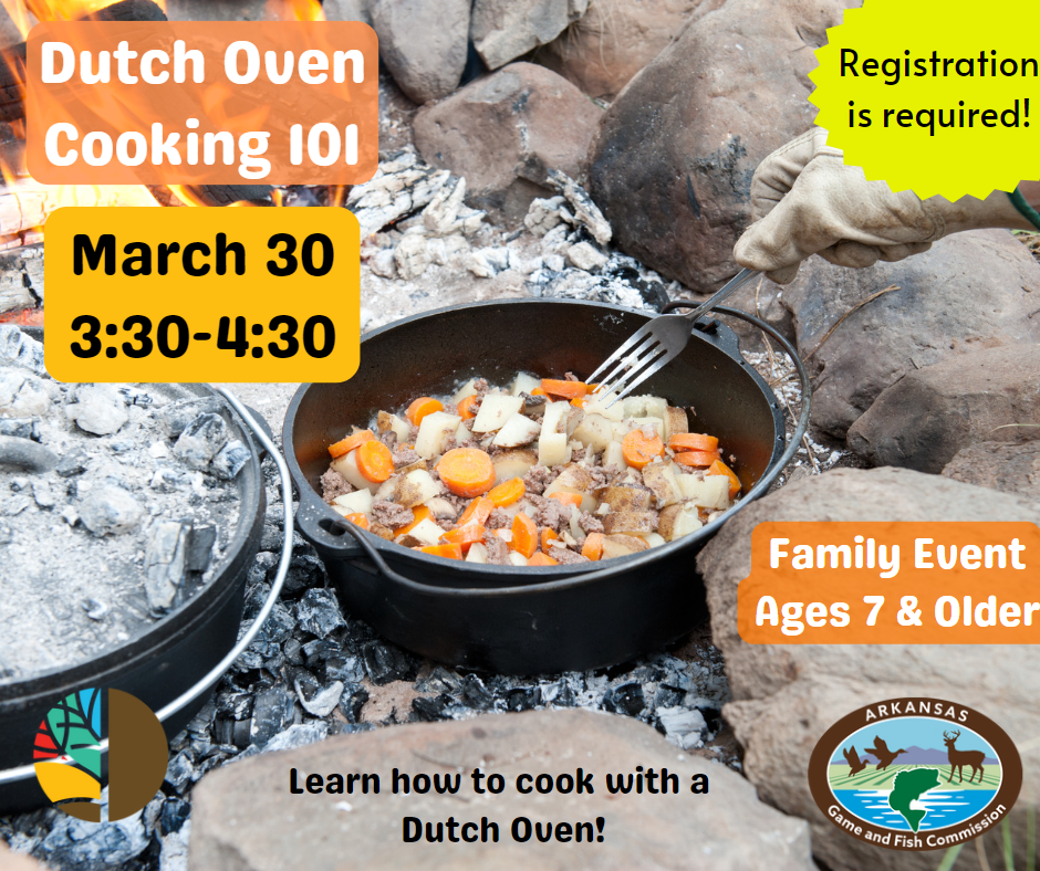 Dutch oven on coals cooking a roast; text saying Dutch Oven Cooking 101 March 30 3:30-4:30 Family Event Ages 7 & Older