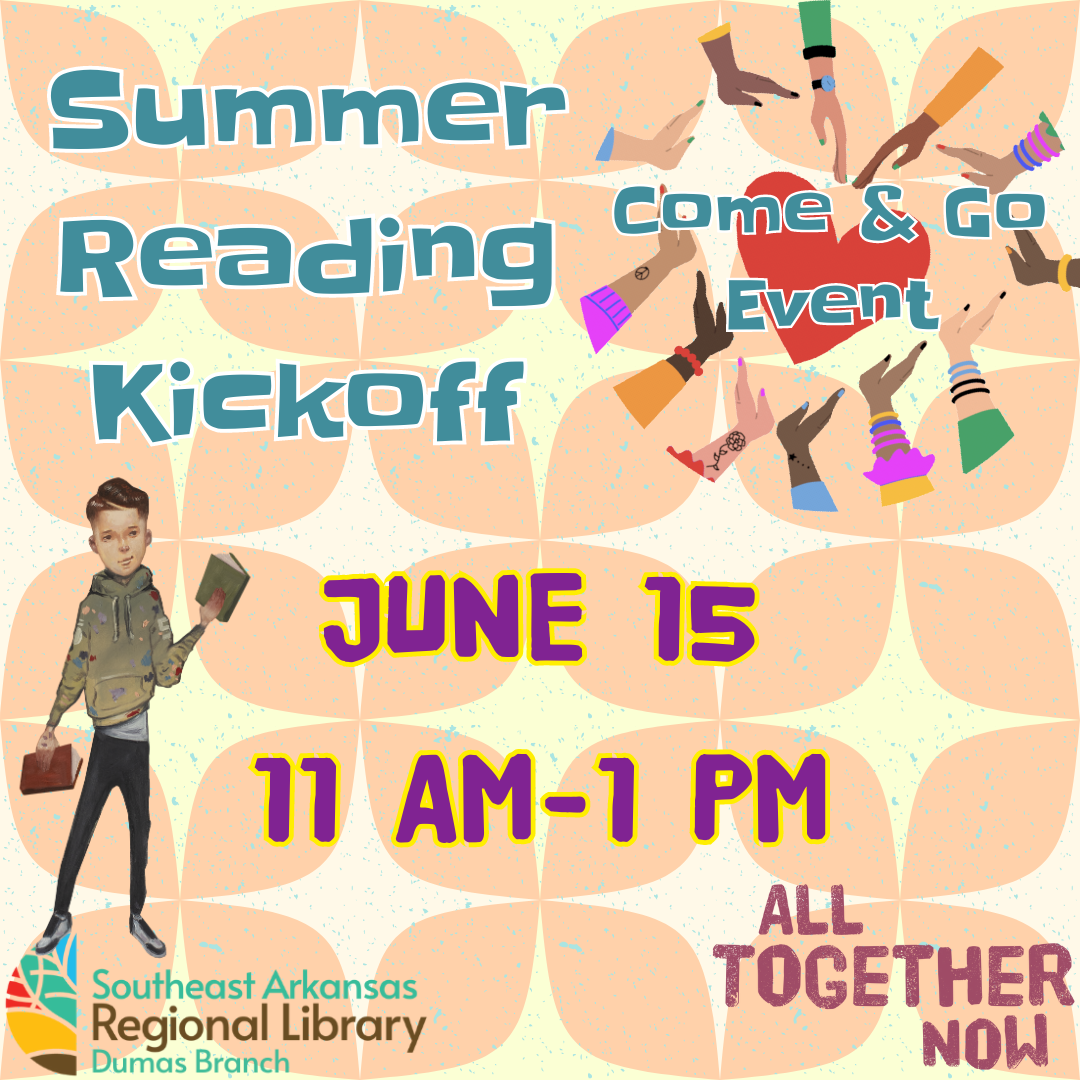 Summer Reading Kick Off Come & Go event with a boy holding 2 books and hands circling a heart