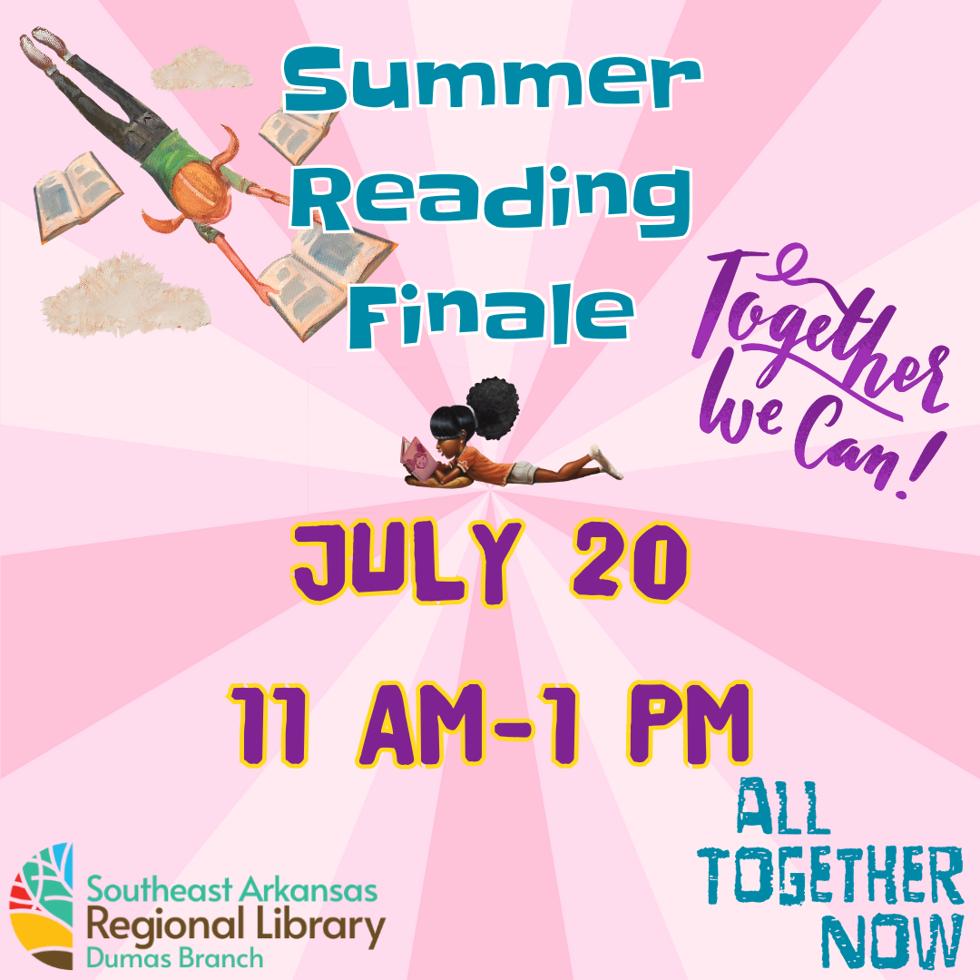 Summer Reading Program Finale on July 20 from 11-1 with a pink pinwheel background.