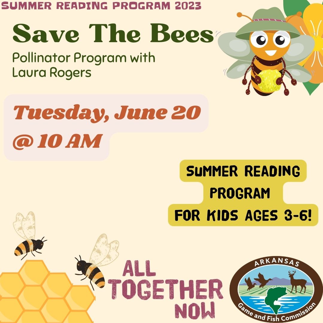 Save the Bees pollinator program for Summer Reading 2023 for ages 3-6 with a cute honey bee wearing a fishing hat.