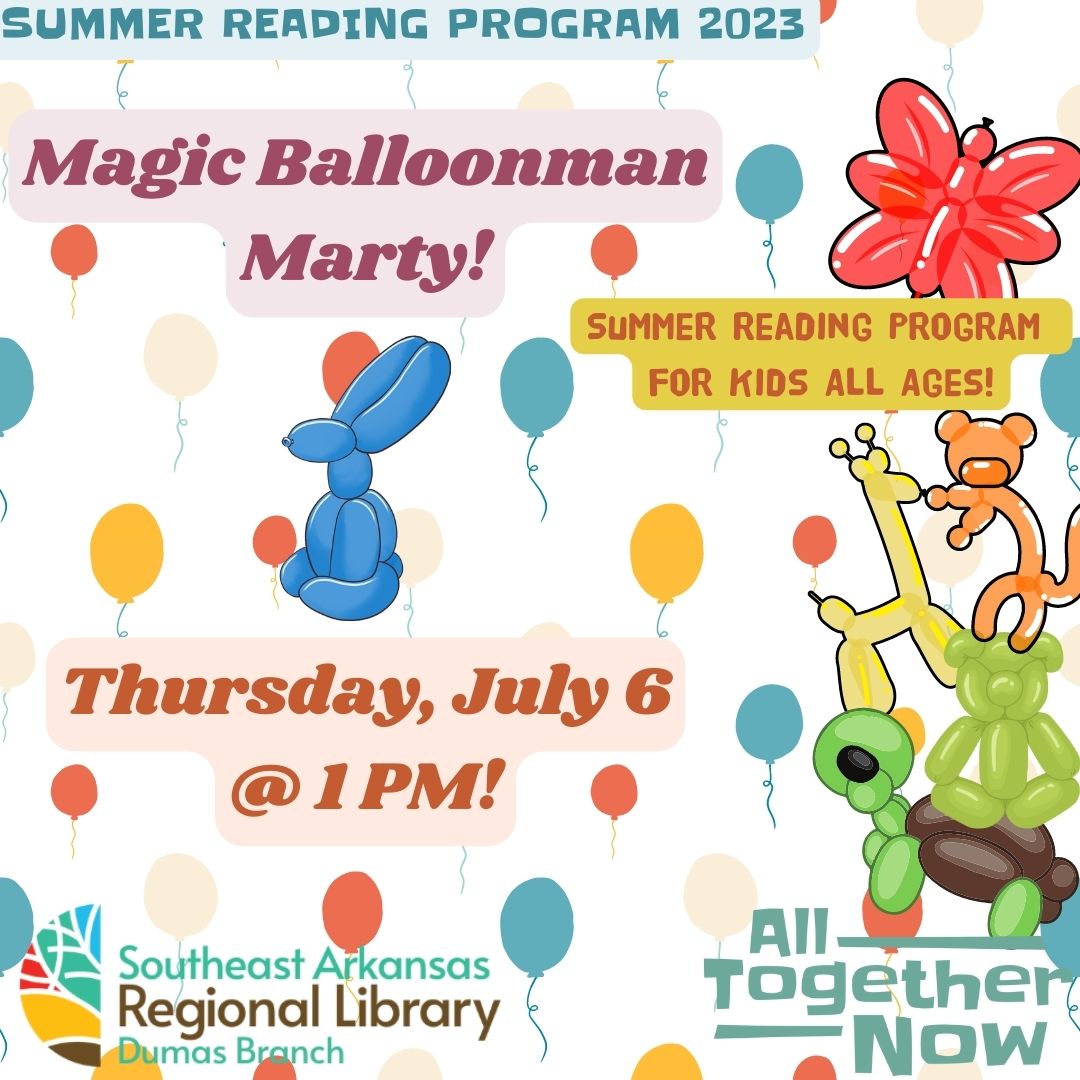 Magic Balloonman Marty for all ages Summer Reading with balloon animals across the image