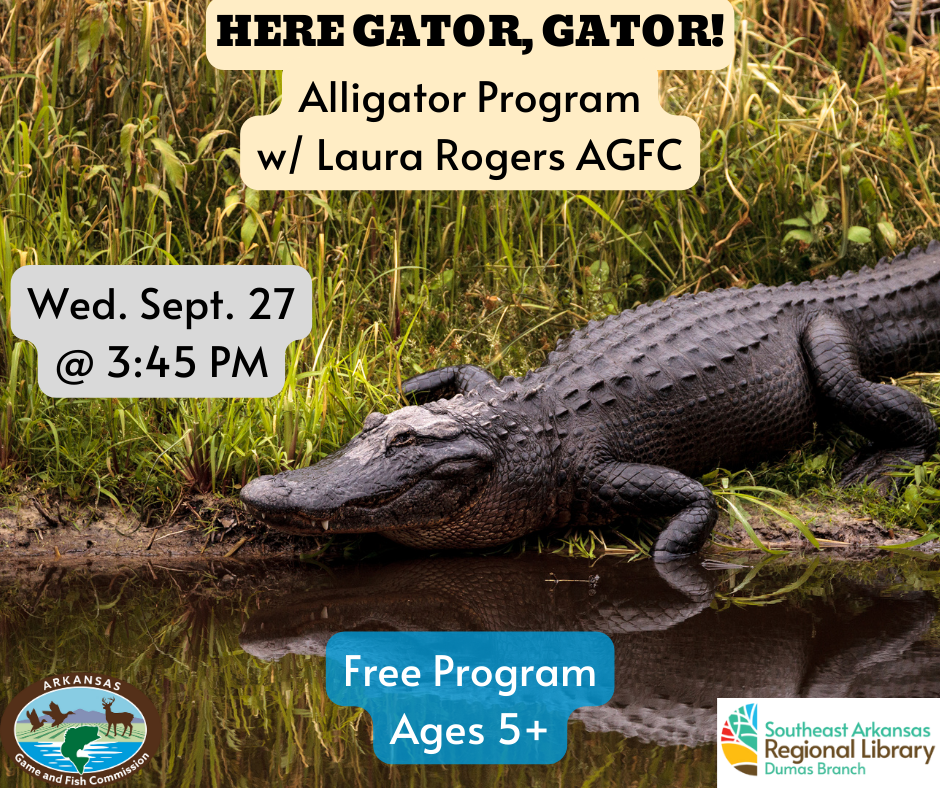 Alligator sitting on a bank. Text reads Here Gator, Gator Alligator Program with Laura Rogers AGFC Wednesday September 27 at 3:45 PM