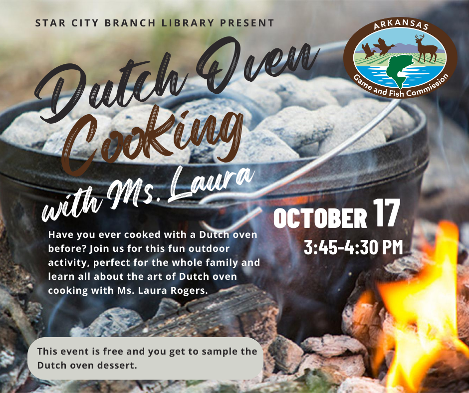 Dutch Oven over an open fire with event info.