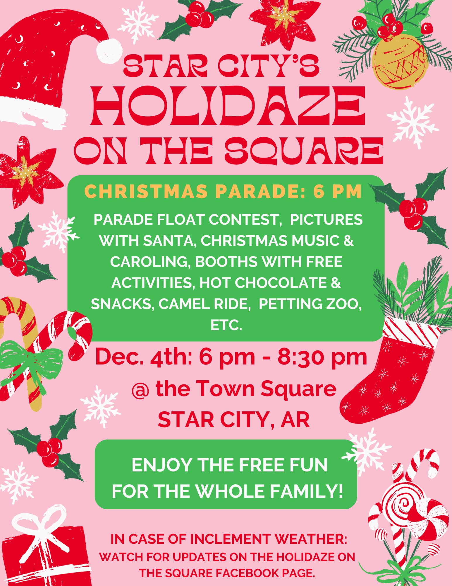 HoliDaze on the Square Ad with pink and red Christmas decor.