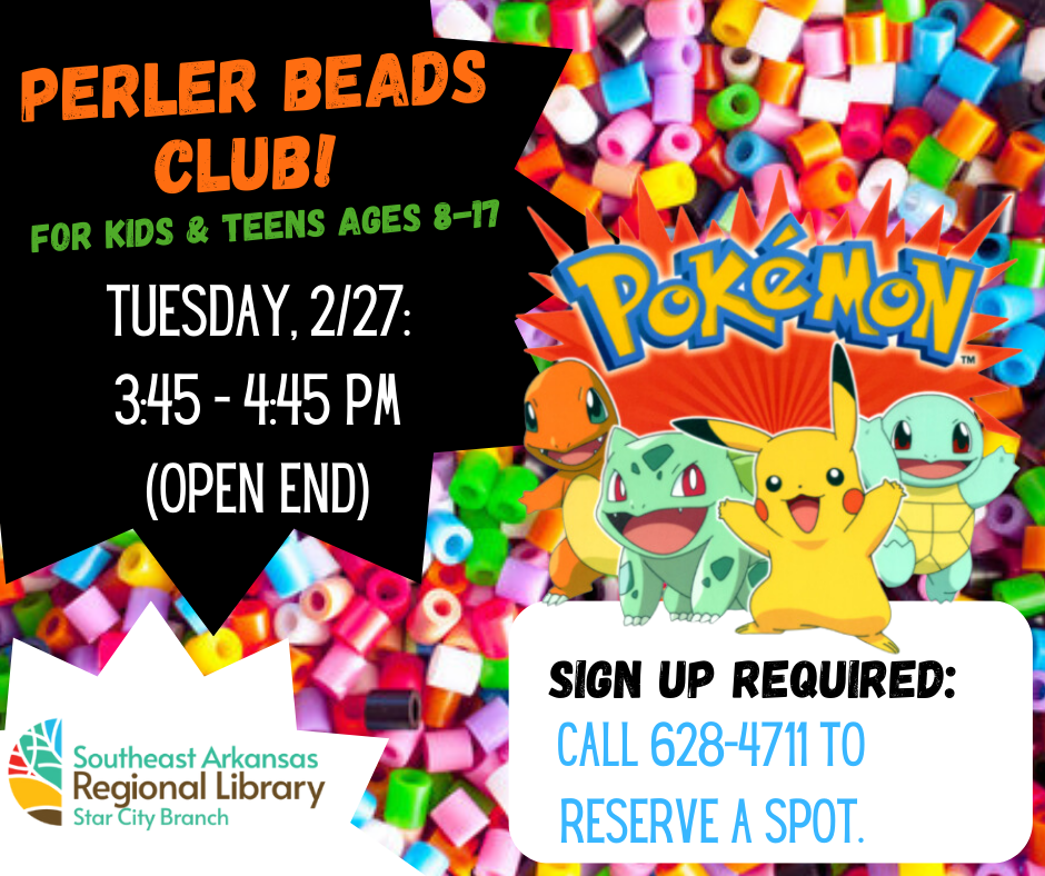 Perler Beads with Pokémon figures, event date: 2/27, 3:45 pm.