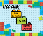 Lego Club at Dumas Library announcement with Lego background.