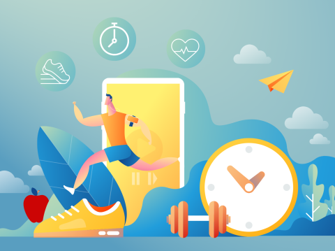 Graphic of man running over animated background