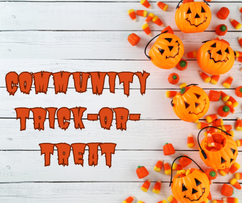 Tipped over Halloween pumpkin buckets with candy strewn around them with the words Community Trick-or-Treat