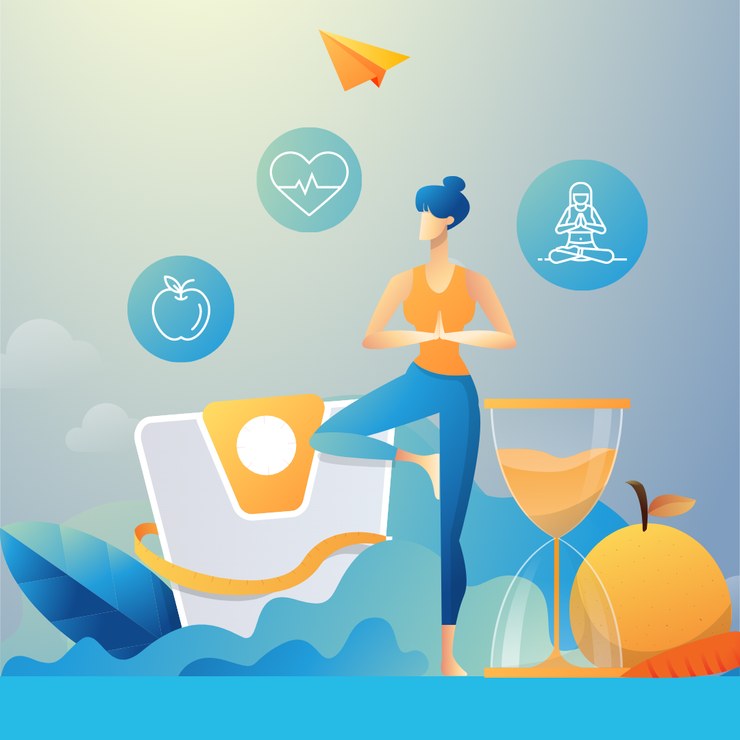 Graphic of woman doing yoga on animated background