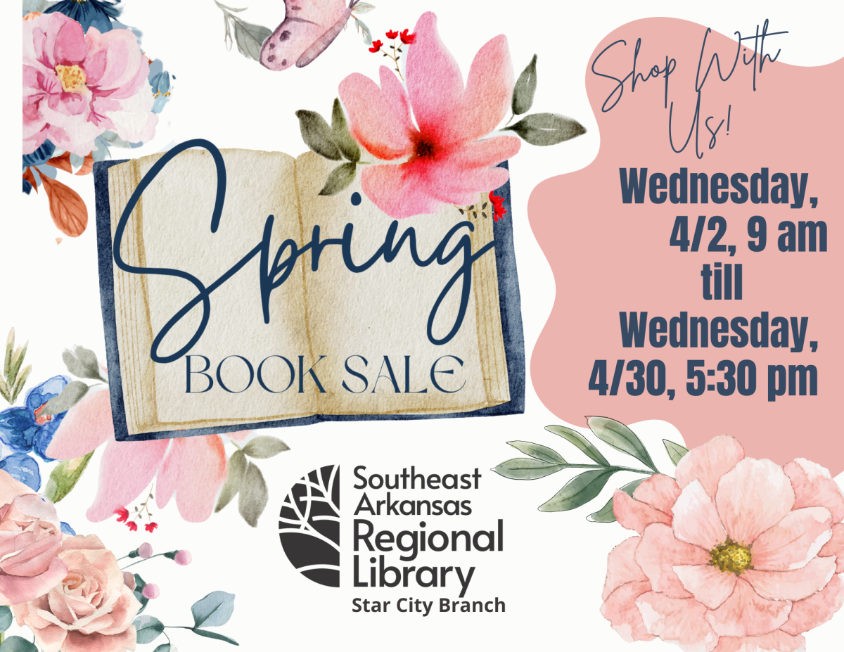 Flowers and an open book with the words Spring Book Sale