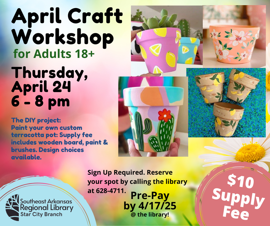 April Craft Workshop for Adults Tuesday, April 24 6-8pm $10 supply fee